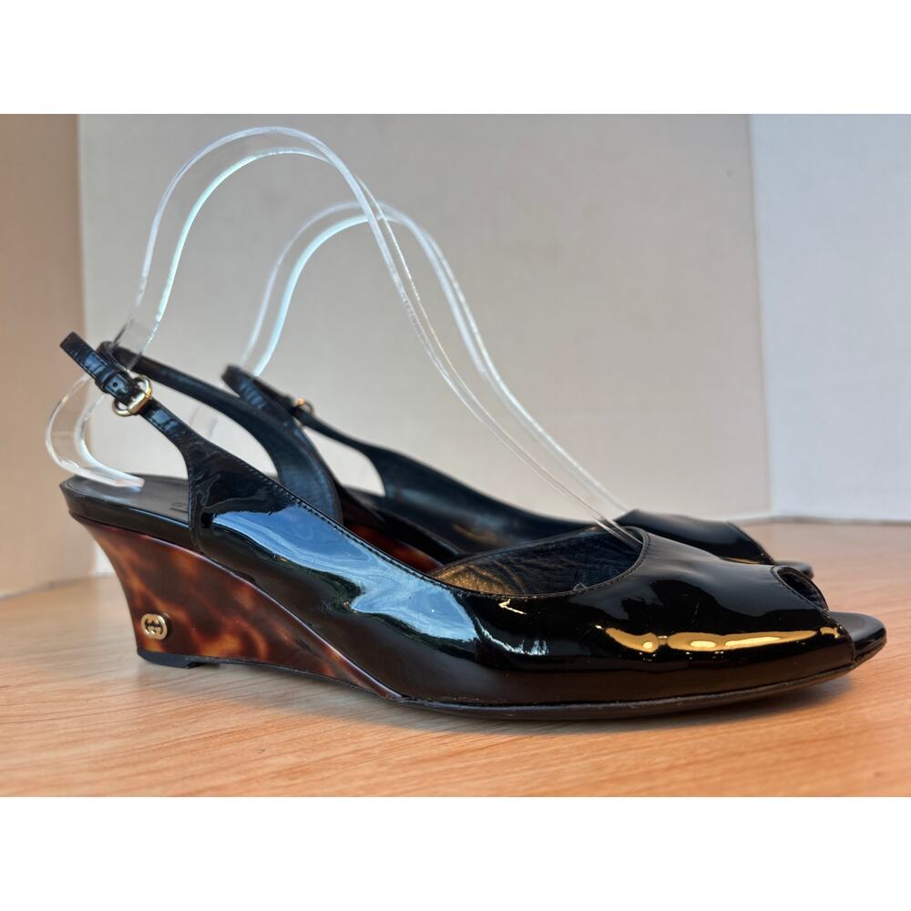Vintage Gucci Vitello Vernice Wedge Sandals Tortoise Shell Print Size 7.5 B - Picture 10 of 11